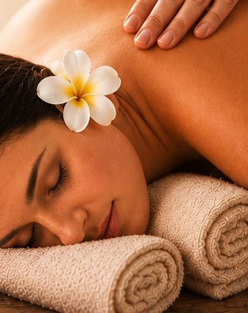 A guest receiving a shoulder massage, with a plumeria flower tucked in her hair, resting on rolled spa towels.